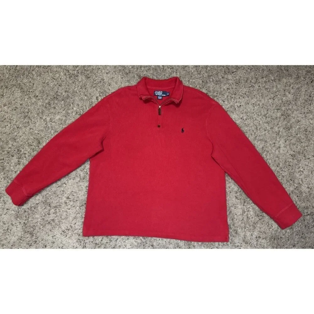 POLO RALPH LAUREN VTG Men Sweater Red Pony Quarter Zip Knit Sweatshirt Preppy XL